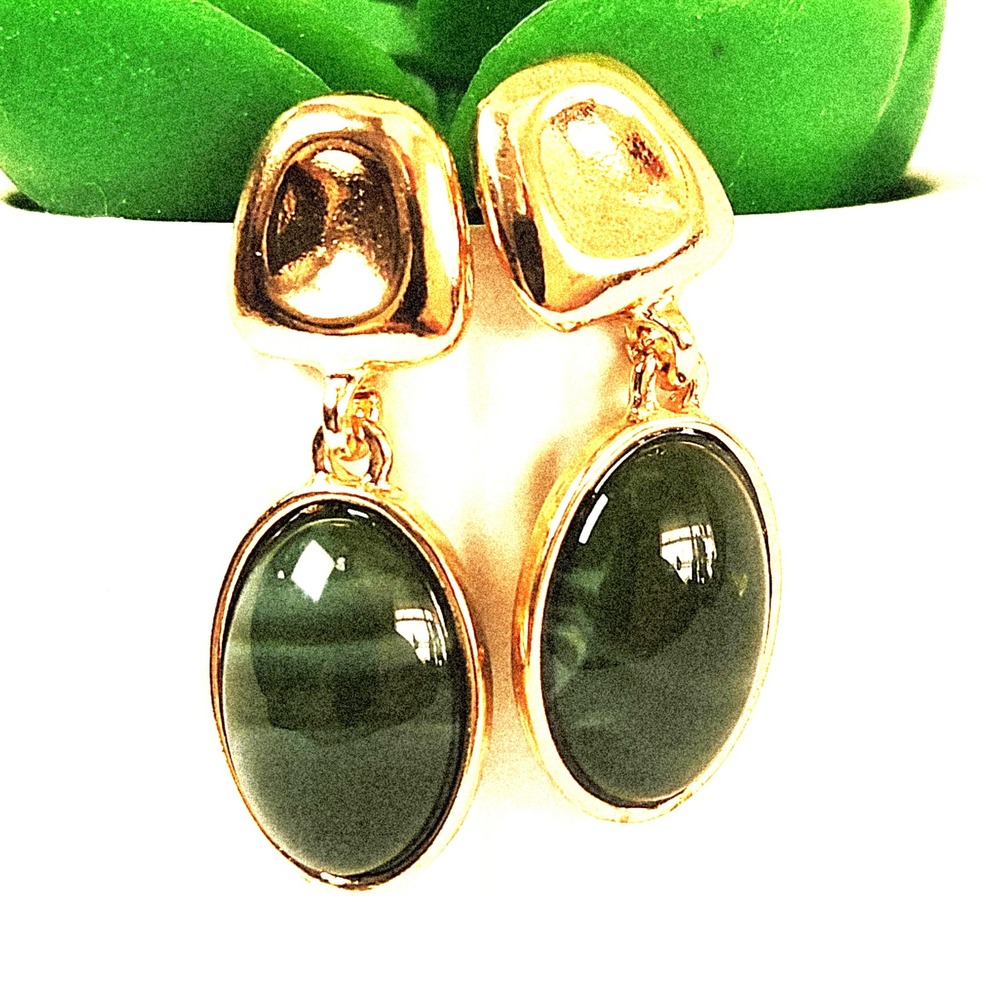 Gold Tone Hammered Post Faux Jade Oval Drop Dangle Earrings Forest Green 1.5"